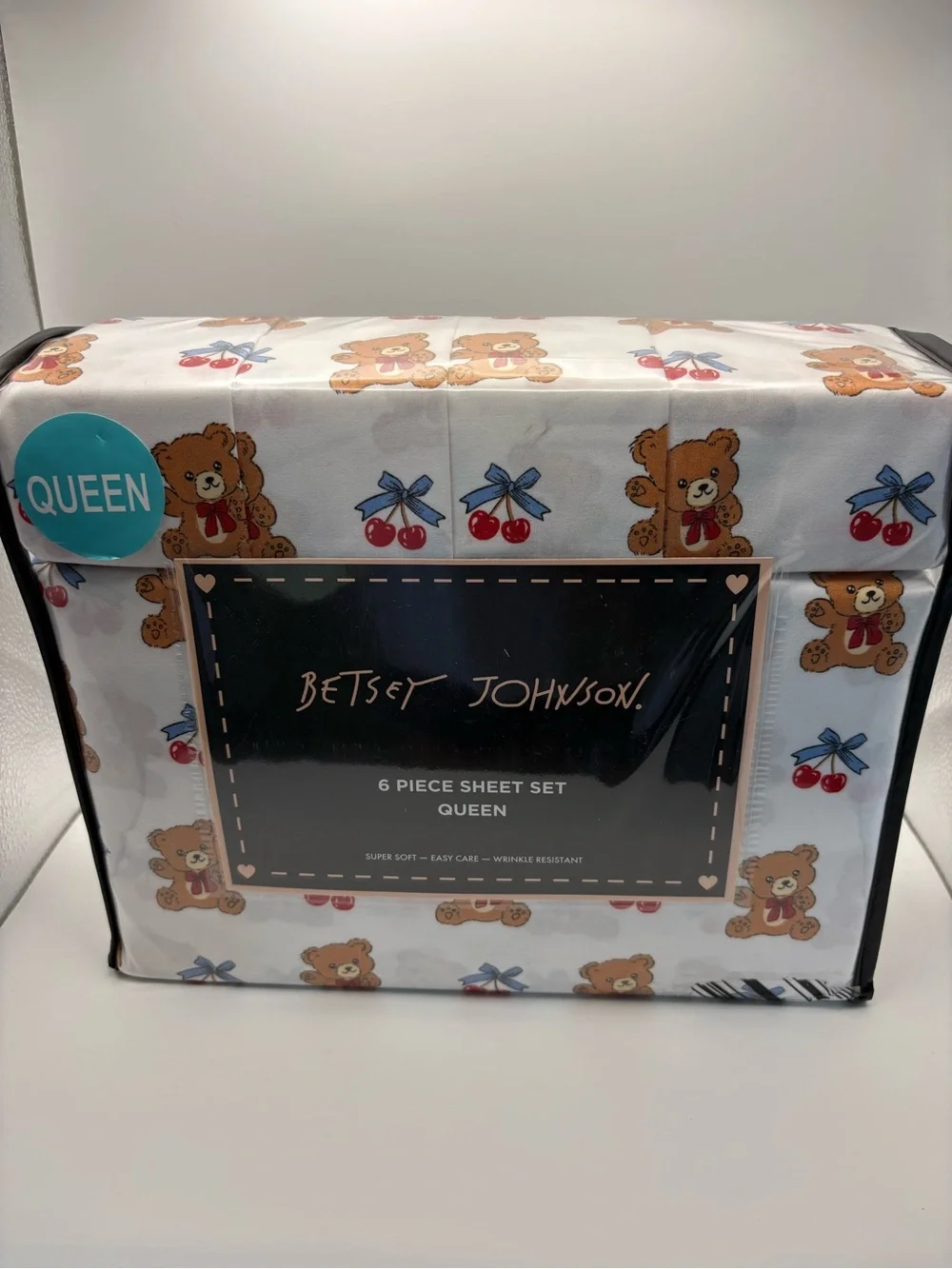 Betsey Johnson 6 Piece White Teddy Bear & Red Cherry Queen Sheet Set